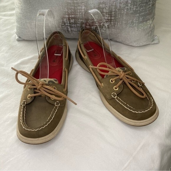 Sperry Top Sider Leather Tan Brown Boat Shoe with Animal Print Accent Size 8.5M - Picture 2 of 14